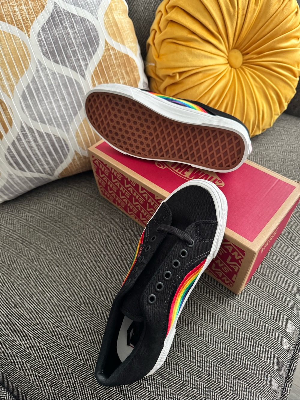 Vans Black Canvas Low-Top Sneakers with Rainbow Side Stripe - Picture 5 of 5
